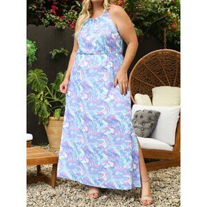 NWT Gilli Blue Lavender Marble Plus Size Halter Neckline Maxi Dress